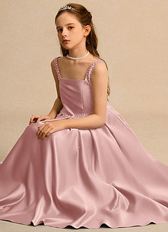 Azazie Mochi Girls Formal vestidos de niña de las flores Vestido de Oro Rosa de Satin Mate de Corte Princesa con Plisado image3