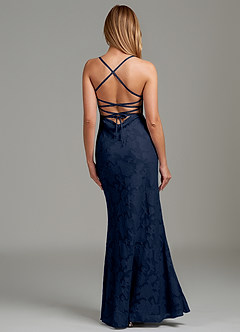 Azazie Ola Vestidos de damas de honor Vestido Azul Marino Oscuro de Devorado Floral de Corte Sirena con Corsé image6