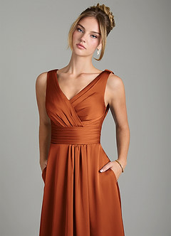 Azazie Karina Bridesmaid Dresses Cinnamon A-Line Pleated Stretch Satin Dress image7