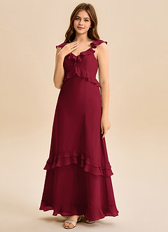 Azazie Tavie Junior Burgundy A-Line Ruched Chiffon Dress image3