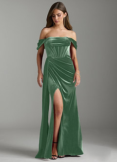 Azazie Amyra Bridesmaid Dresses Eucalyptus Sheath Off the Shoulder Velvet Convertible Dress image7