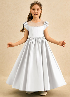 Azazie Toffee Abiti da Ragazza di Fiori Abito Principessa in Raso Opaco Fiocco Bianco image3