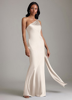 Azazie Juniper Vestidos de damas de honor Vestido Alabastro Blanco de Satén Elástico de Corte Sirena con Un hombro image5