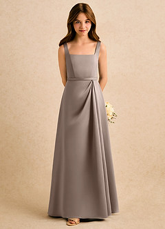 Azazie Emiko Girls Formal Abiti da Ragazza di Fiori Abito A-Line in Raso Opaco Plissettato Taupe image3
