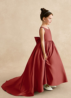 Azazie Mimia Flower Girl Dresses Terracotta A-Line Bow Matte Satin Dress image1