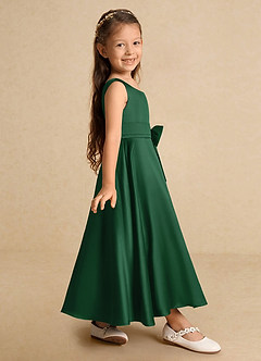 Azazie Lindy Flower Girl Dresses Dark Green A-Line Pleated Matte Satin Dress image5