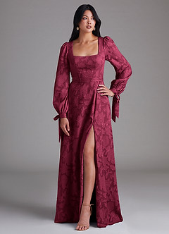 Azazie Leonia Bridesmaid Dresses Burgundy A-Line Long Sleeve Floral Burnout Dress image1