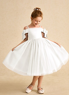 Azazie Amie Flower Girl Dresses Ivory A-Line Off the Shoulder Matte Satin Dress image1