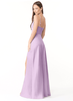 Azazie Halsey Bridesmaid Dresses Frosted Lilac Sheath Side Slit Stretch Satin Dress image5