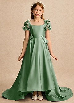 Azazie Charity Robe Demoiselle D'honneur Fillette Robe Trapèze en Mat Satiné avec manches Matcha image3