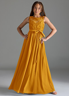 Azazie Elly Junior Butterscotch A-Line Lace Chiffon Dress image3