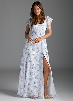 Azazie Bondi Bridesmaid Dresses Blue Cottage Floral A-Line Ruffled Chiffon Dress image4