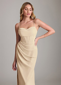 Azazie Mai Bridesmaid Dresses Champagne Sheath Pleated Chiffon Dress image5