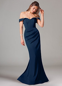 Azazie Everly Bridesmaid Dresses Dark Navy Mermaid Off the Shoulder Stretch Satin Convertible Dress image6