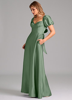 Azazie Fatima Vestidos de damas de honor Vestido de Matcha de Satén Elástico de Corte en A con Plisado image5