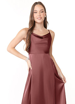 Azazie Naomie Bridesmaid Dresses Amethyst A-Line Cowl Neckline Side Slit Stretch Satin Dress image5