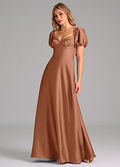 Azazie Fatima Bridesmaid Dresses Bronzer A-Line Pleated Stretch Satin Dress image4