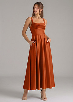 Azazie Shaude Bridesmaid Dresses Burnt Orange A-Line Pleated Stretch Satin Dress image3