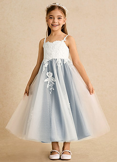 Azazie Coraline Flower Girl Dresses Ivory Dusty Blue A-Line Lace Dress image4