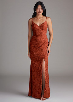 Azazie Leo Brautjungfernkleider Etui Plissee Blumen-Burnout Kleid Rotbraun image1