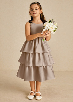 Azazie Margery Flower Girl Dresses Taupe A-Line Bow Stretch Satin Dress image2
