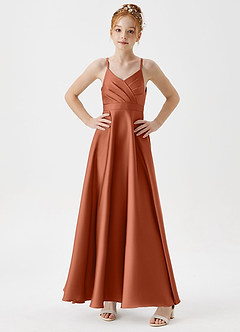 Azazie Avelina Junior Cedar Rose A-Line Pleated Stretch Satin Dress image3