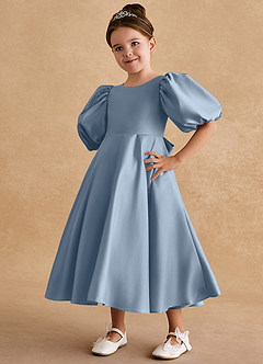 Azazie Sugarplum Flower Girl Dresses Dusty Blue A-Line with Sleeves Matte Satin Dress image4