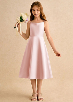 Azazie Jaella Girls Formal Blomsterpigekjoler A-Line Plisseret Mat satin Te-længde Kjole image4
