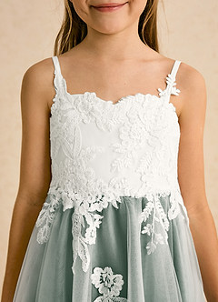 Azazie Coraline Jurken voor bloemenmeisjes A-Lijn Jurk van Kant Ivoor Eucalyptus image6