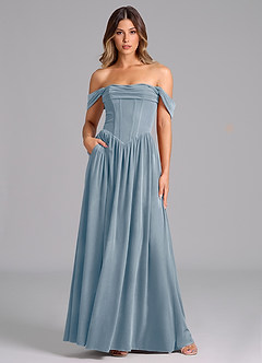 Azazie Hattie Robes de demoiselle d'honneur Robe Trapèze en velours Rayé Bleu Poussiéreux image1