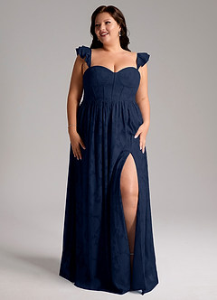 Azazie Denisse Bridesmaid Dresses Dark Navy A-Line Ruched Floral Burnout Dress image9