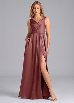 Azazie Karina Bridesmaid Dresses Amethyst A-Line Pleated Stretch Satin Dress image1