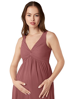 Azazie Yetta Maternity Bridesmaid Dresses A-Line V-Neck Gathered Chiffon Floor-Length Dress image6