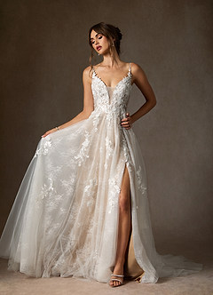 Azazie Monda Hochzeitskleider A-Linie Spitze Tüll Kleid Diamantweiß Nude image4