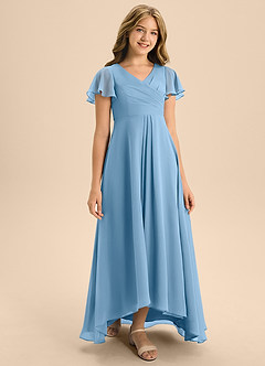 Azazie Induh Junior Vestido de Azul Acero de Gasa de Corte En A con Plisado image3