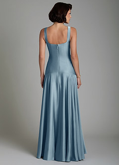 Azazie Reina At-home Try On Dresses Dusty Blue A-Line Pleated Stretch Satin Dress image2