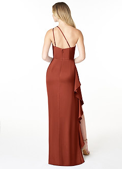 Azazie Latrice Bridesmaid Dresses Terracotta Sheath One Shoulder Cascading Ruffles Stretch Satin Dress image2