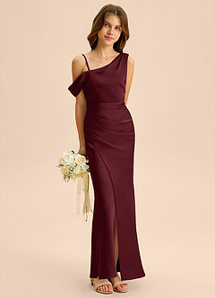 Azazie Madelyn Junior Cabernet Sheath Off the Shoulder Stretch Satin Dress image4