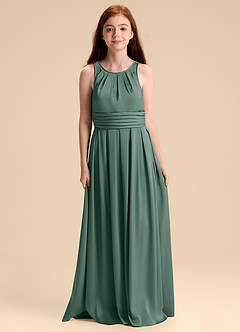 Azazie Bibiane Junior Jurk van Stretch Satijn met A-Lijn Geplooid Eucalyptus image3
