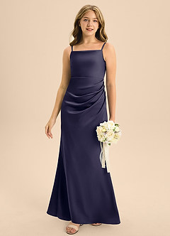Azazie Renna Junior Robe Trapèze en Satin extensible Plissée Bleu Orageux image5