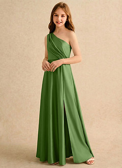 Azazie Puddles Girls Formal Robe Demoiselle D'honneur Fillette Robe Trapèze en Satin extensible Une épaule Basilic image4