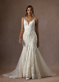 Azazie Camlynn Wedding Dresses Diamond White Nude Mermaid V-Neck Sequins Tulle Dress image1