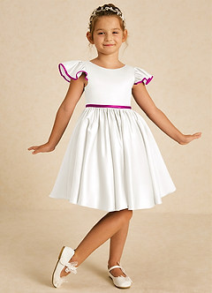 Azazie Sugar Plum Blumenmädchenkleider A-Linie Schleifen Matte Satin Kleid Elfenbein Fuchsia image2