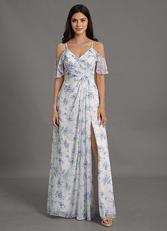Azazie Dakota Vestidos de damas de honor Vestido de Casa Floral Azul de Gasa de Corte en A con Cuello en V plisado image1