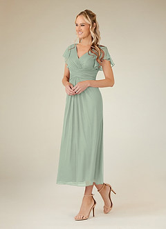 Azazie Vera Mother of the Bride Dresses Dusty Sage A-Line V-Neck Pleated Mesh Dress image2