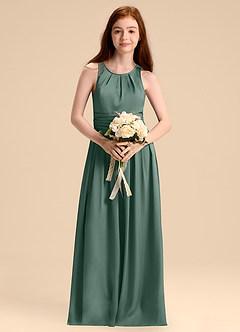 Azazie Bibiane Junior Jurk van Stretch Satijn met A-Lijn Geplooid Eucalyptus image4