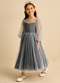 Azazie Trudy 플라워 걸 드레스 볼가운 스윗하트 네크라인 얇실버 명주 그물 티 길이 드레스 image4