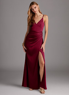 Azazie Shania Brautjungfernkleider Etui V-Hals Gefaltet Stretch-Satin Kleid Burgunderrot image1