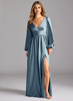 Azazie Norah Brautjungfernkleider A-Linie Stretch-Satin Kleid Staubblau image1