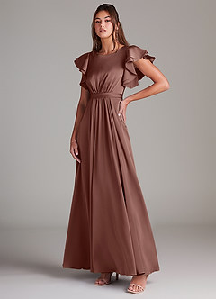 Azazie Daphne Robes de demoiselle d'honneur modestes Robe Trapèze Rayé Longueur ras du sol Satin extensible image7